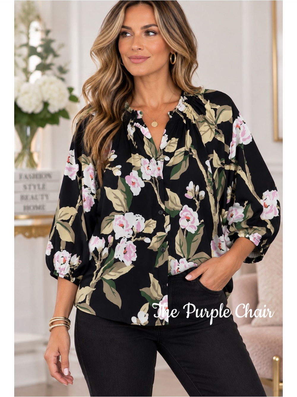 TUCKER NWOT Black Floral Print Button Down Silk Blouse